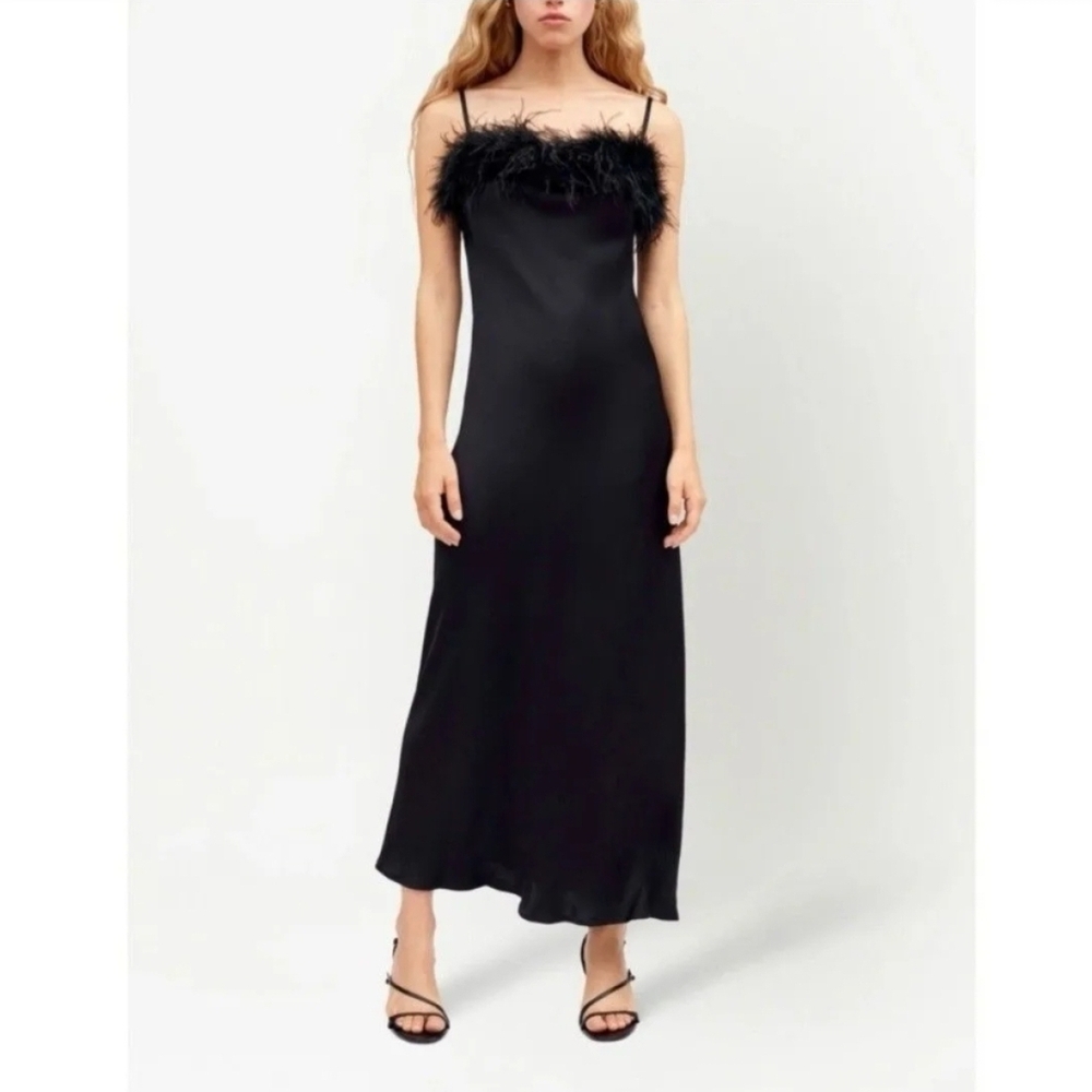NWT | Sleeper Black Silk Dress | Size Small | Feathers | Wedding Guest